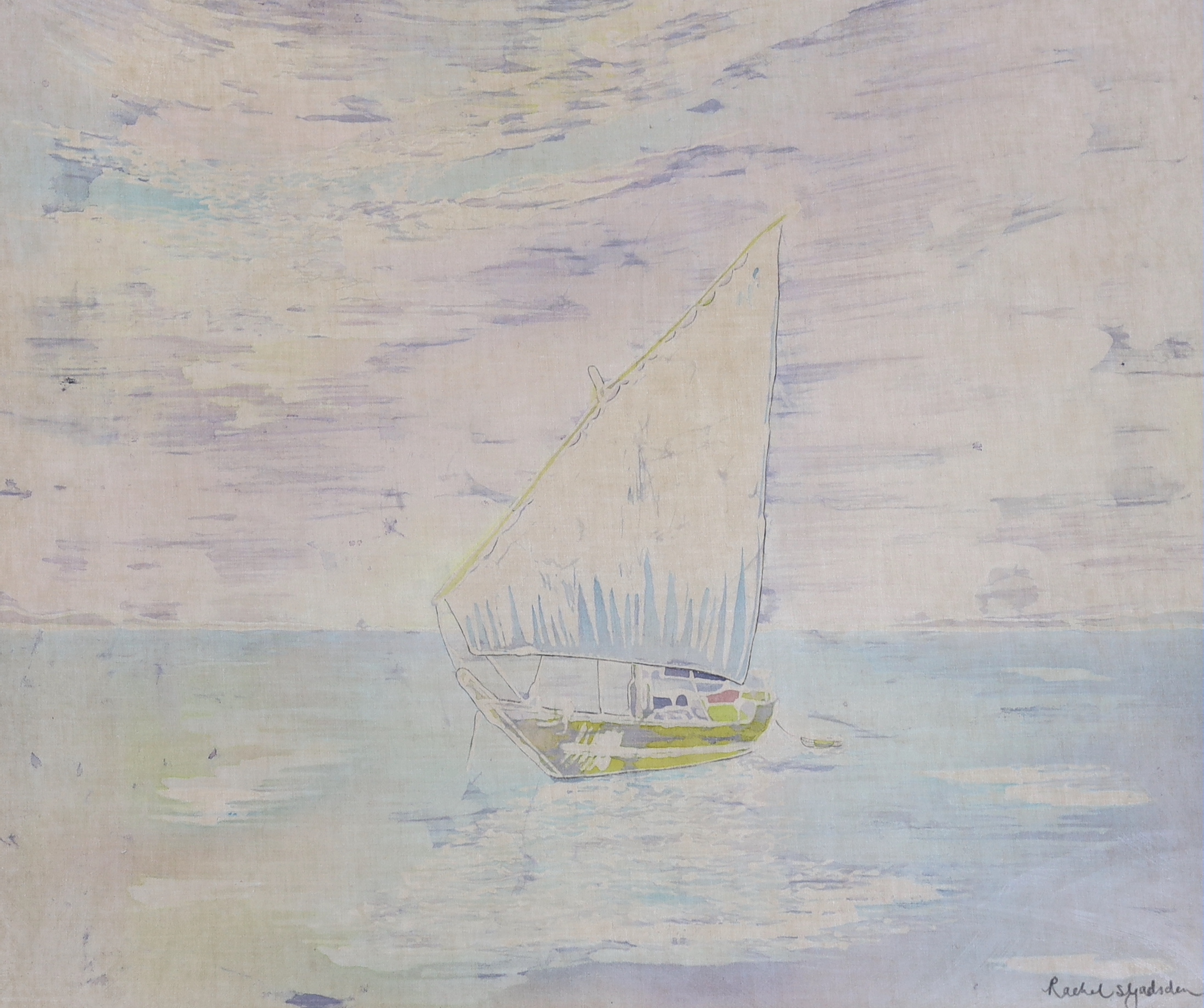 Watercolour on fabric, Sailing boat at sea, indistinctly signed possibly Rachel Sy?, 63 x 52cm